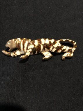 Tiger Enamel Brooch Gold Tone 3 In Rhinestone Eye